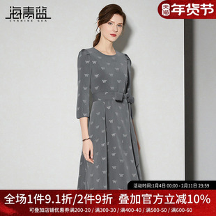 海青蓝 圆领连衣裙2025年新款秋冬中袖女装时尚气质中长款裙子