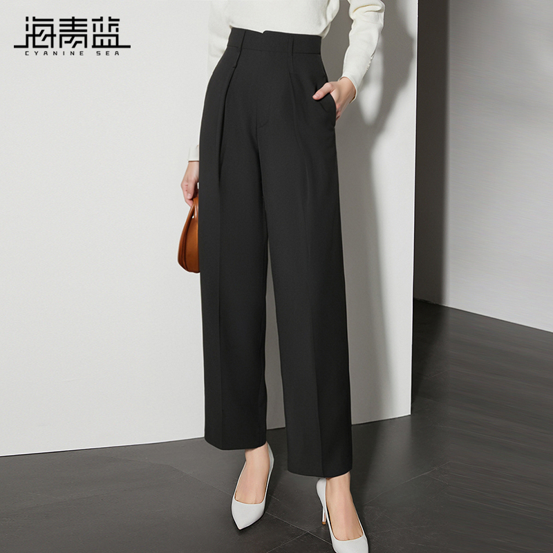 海青蓝高腰直筒西装裤女2024秋装新款黑色阔腿裤长裤OL风职业裤子