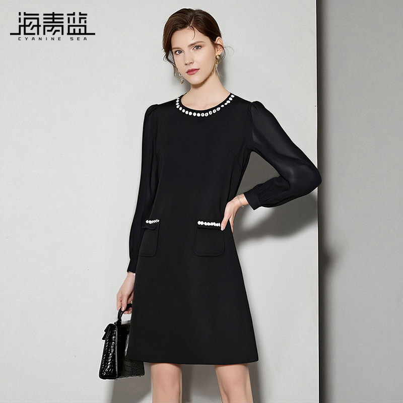 海青蓝 长袖连衣裙2026年新款秋冬高级设计感小众女装中长款裙子