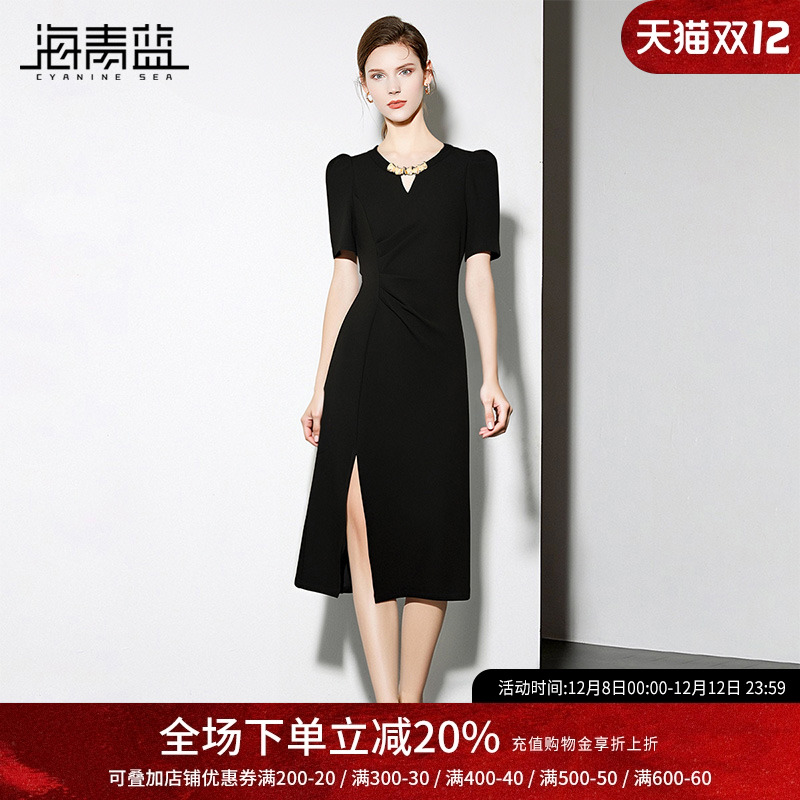 海青蓝开叉黑色连衣裙