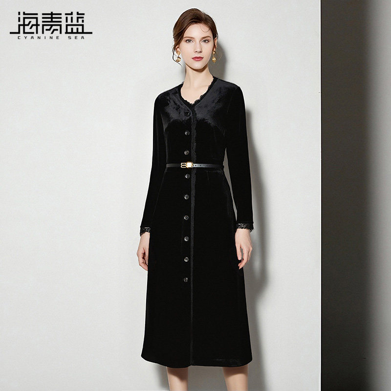 海青蓝 高级感连衣裙秋冬女2026年新款洋气长袖气质女款小个子裙