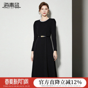 秋冬连衣裙女2026年纯色长袖 女装 系带新款 法式 裙子 中长款 海青蓝