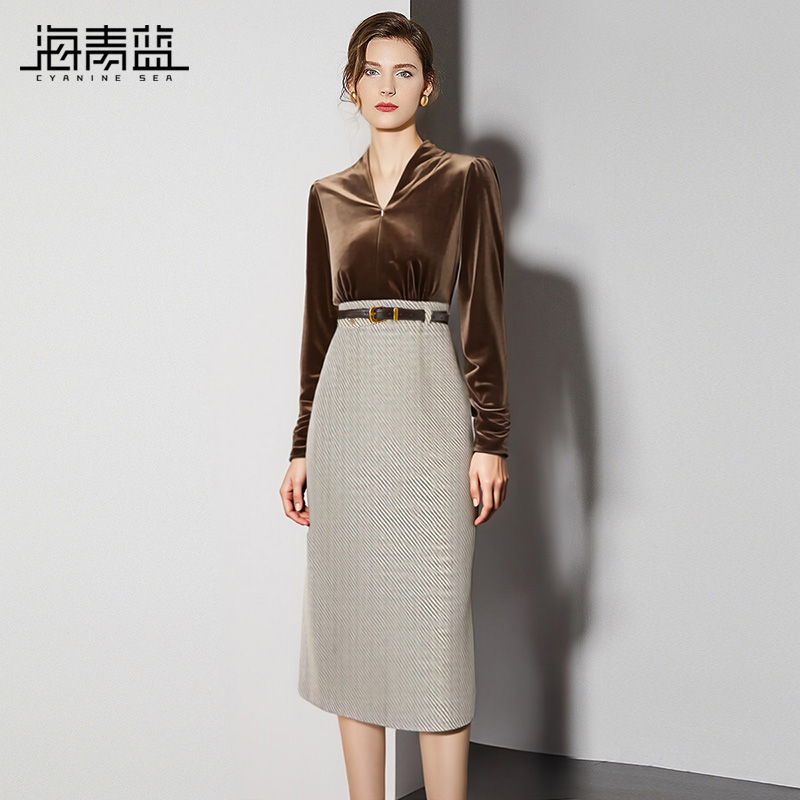 海青蓝气质复古丝绒拼接连衣裙