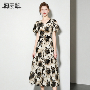 泡泡袖 时尚 连衣裙夏女2025新款 中长款 气质休闲度假裙 女装 海青蓝