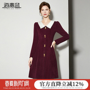 海青蓝红色灯芯绒连衣裙女秋冬2026新款减龄收腰显瘦小个子裙子