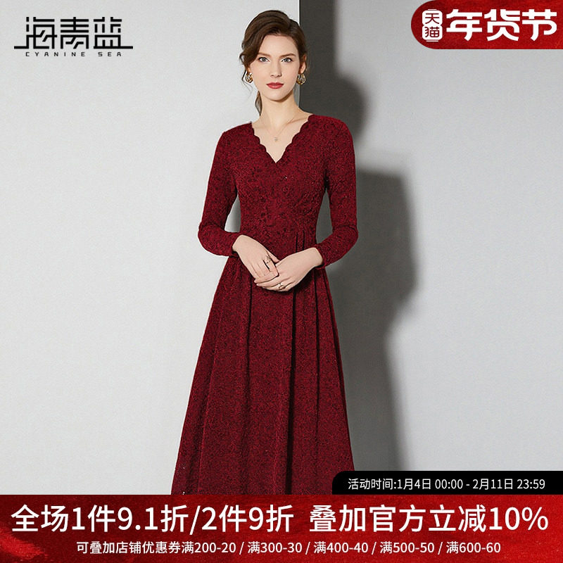 海青蓝 连衣裙秋女2025新款时尚蕾丝v领长袖女装镂空中长款裙子,女装/女士精品,连衣裙,淘宝优惠券,粉丝福利购,淘宝优惠卷