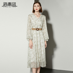 海青蓝温柔风气质连衣裙女2026年新款春装印花减龄长袖修身中长裙