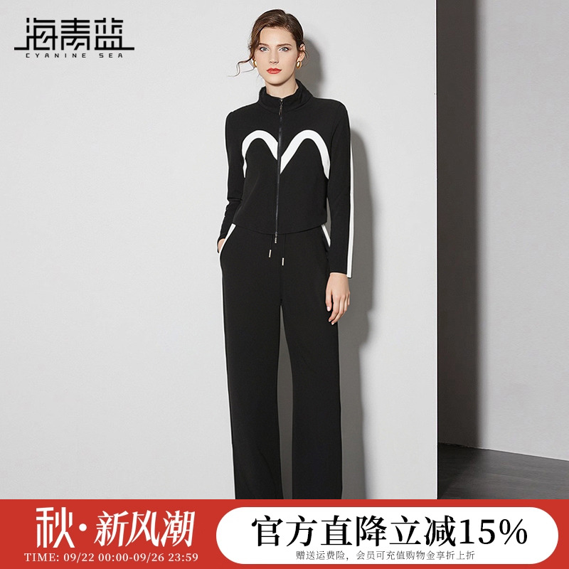 海青蓝时尚休闲运动套装女2025秋冬新款黑色显瘦卫衣阔腿裤两件套