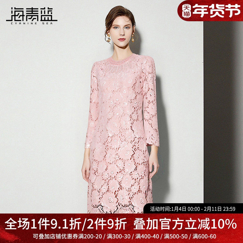 海青蓝 蕾丝镂空连衣裙2025年新款长袖秋冬女装中长款女士裙子