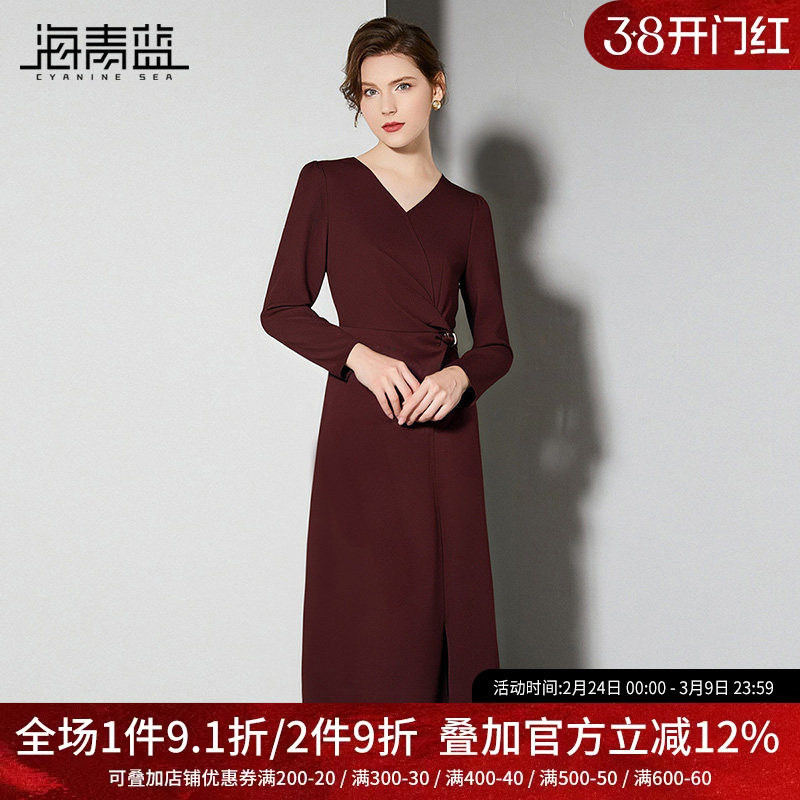 海青蓝 秋连衣裙女2025新款高级长袖女装修身简单黑色中长款裙子