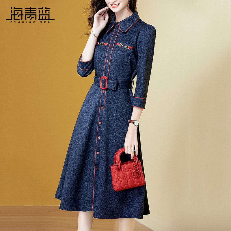 海青蓝秋装2020年新款女连衣裙收腰绑带气质翻领七分袖衬衫中长裙