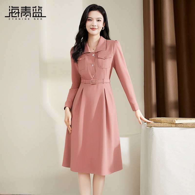 海青蓝通勤干练时尚衬衫裙子女2024秋季翻领长袖收腰显瘦连衣裙