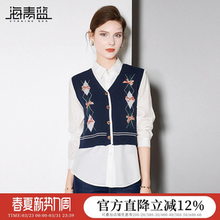 V领撞色减龄单排扣毛衣 新款 海青蓝菱形格子针织开衫 马甲2026秋装