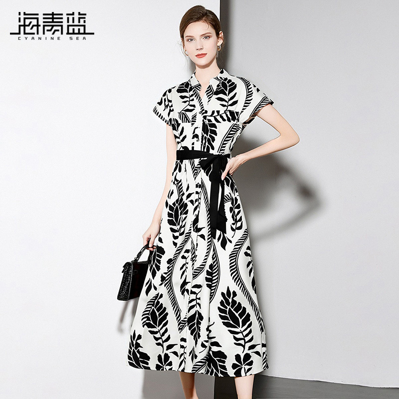 海青蓝印花短袖连衣裙