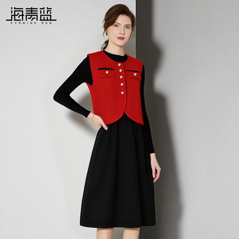 海青蓝 套装连衣裙秋冬女2025年新款高端设计感马夹两件套裙子