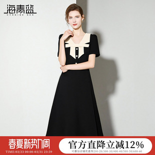 海青蓝 设计感短袖黑色连衣裙2026年新款夏季气质度假高级裙子女