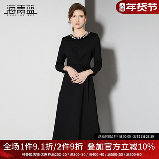 海青蓝 高级连衣裙女2025新款冬设计感小众中长款女装黑色裙子