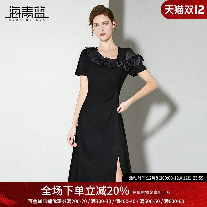 海青蓝女装纯色连衣裙