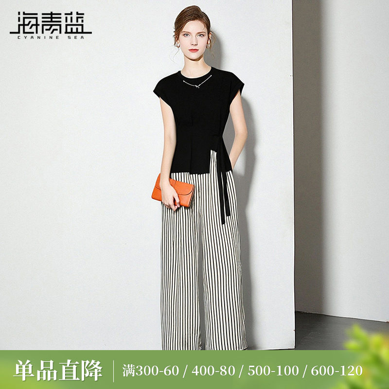 海青蓝 女装套装2026年新款夏季无袖上衣时尚两件套条纹休闲裤女