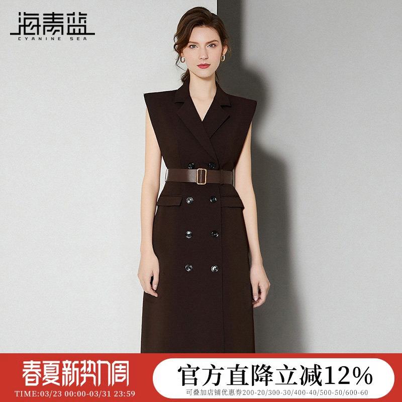 海青蓝 高级感无袖连衣裙秋冬女2026年新款马甲气质双排扣西装裙