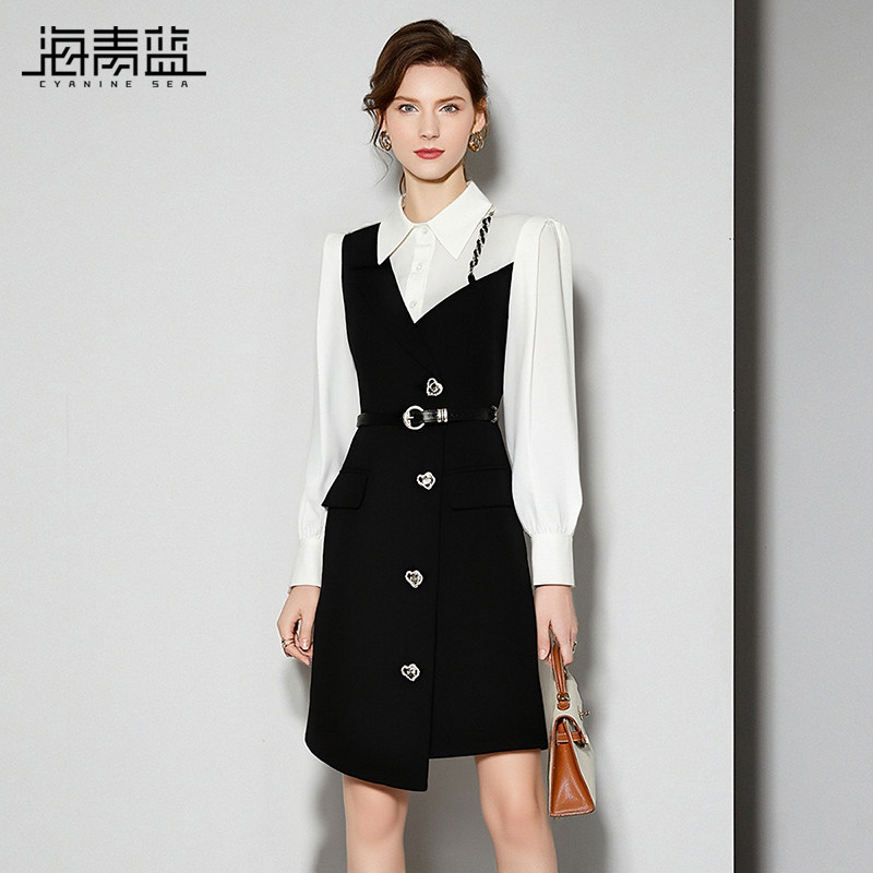 海青蓝 秋冬长袖连衣裙2025年新款高级好看长袖翻领法式衬衫裙子