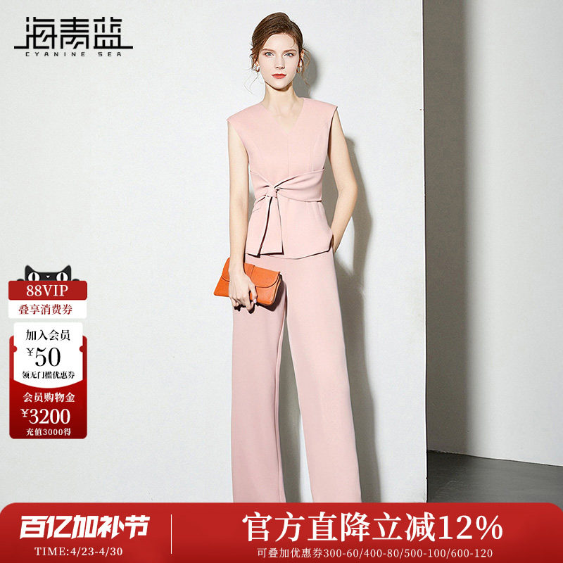 海青蓝 夏季套装2026年新款高级女装短袖上衣纯色两件套休闲裤