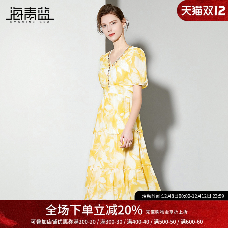 海青蓝连衣裙法式裙子