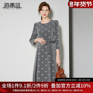 海青蓝 圆领连衣裙2025年新款秋冬中袖女装时尚气质中长款裙子