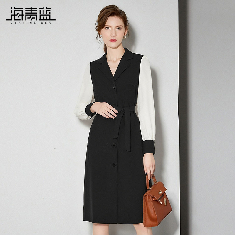 海青蓝 西装连衣裙高级感2026年新款冬季系带法式女装撞色裙子