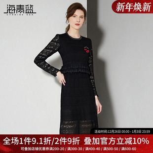 气质女装 镂空高级时尚 洋气中长裙子 蕾丝连衣裙女2025新款 海青蓝