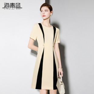 高级中长款 海青蓝 气质时尚 夏女装 度假撞色裙子 连衣裙女2025新款