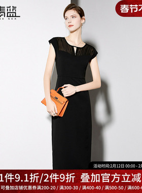 海青蓝法式优雅黑色连衣裙女2025新款夏女神范简约素雅无袖中长裙