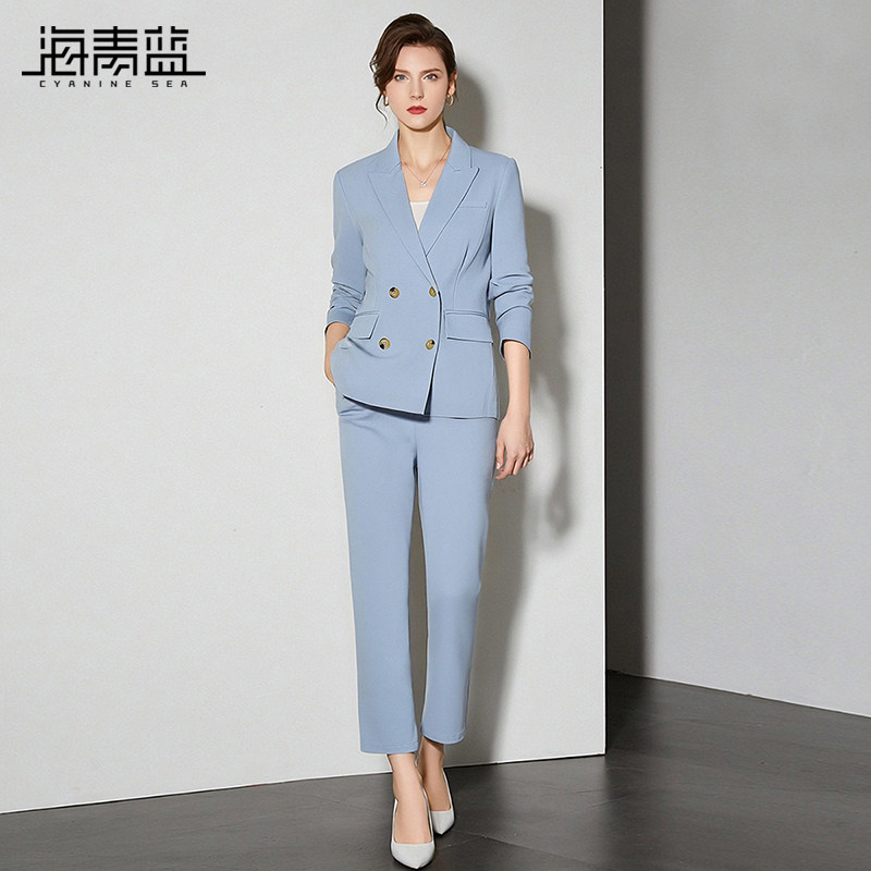 海青蓝 时尚西装套装2026新款女装女士正装双排扣长袖女装两件套