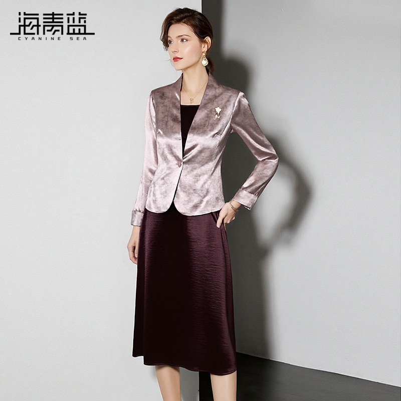 海青蓝 套装秋冬连衣裙女2025年新款高级长袖西装外套无袖背心裙
