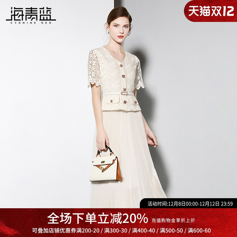 海青蓝蕾丝短袖连衣裙女