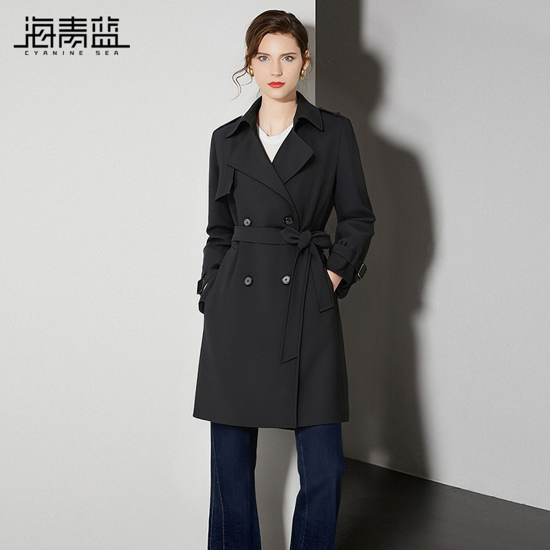 海青蓝 翻领风衣女款2026新款时尚气质高级感纯色中长款大衣外套