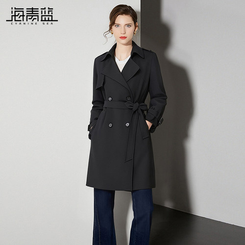 海青蓝翻领风衣外套女