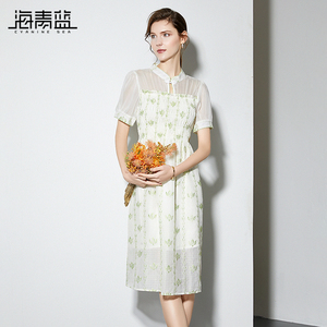 海青蓝小清新碎花连衣裙2026夏季新款淑女印花新中式改良旗袍裙子