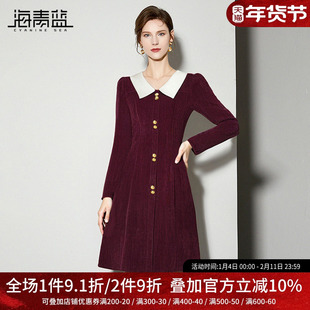 海青蓝红色灯芯绒连衣裙女秋冬2025新款减龄收腰显瘦小个子裙子