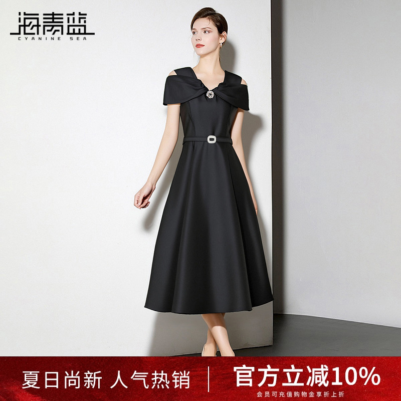 海青蓝高级感气质轻奢连衣裙女2025夏季新款正式场合礼服中长裙