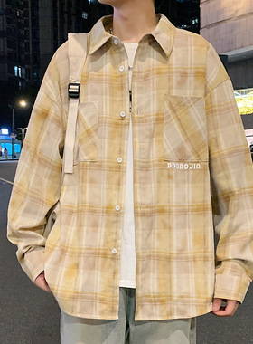 长袖休闲开衫港式衬衫宽松翻领男士格子印花百搭款2025秋冬