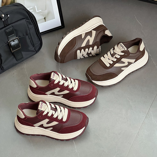 真皮时尚厚底德训阿甘鞋女款2025秋季新款韩版百搭系带运动休闲鞋