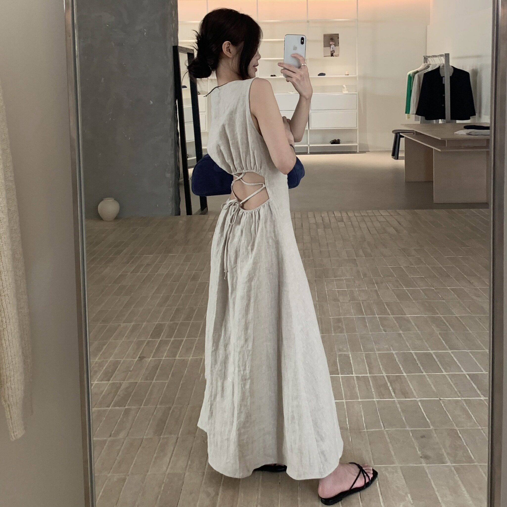 亚麻背心连衣裙女夏季后背绑带镂空收腰松弛度假风长款仙女裙图片
