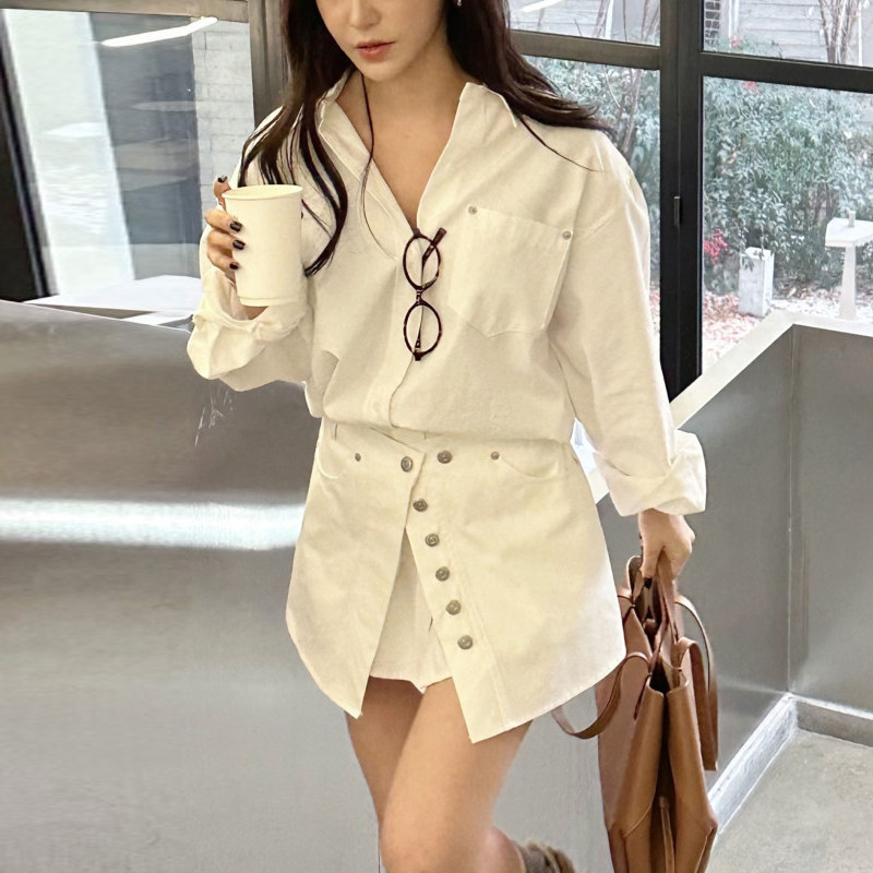 春秋假两件翻领衬衫长裙拼接长袖衬衣式连衣裙显瘦气质中长款裙子