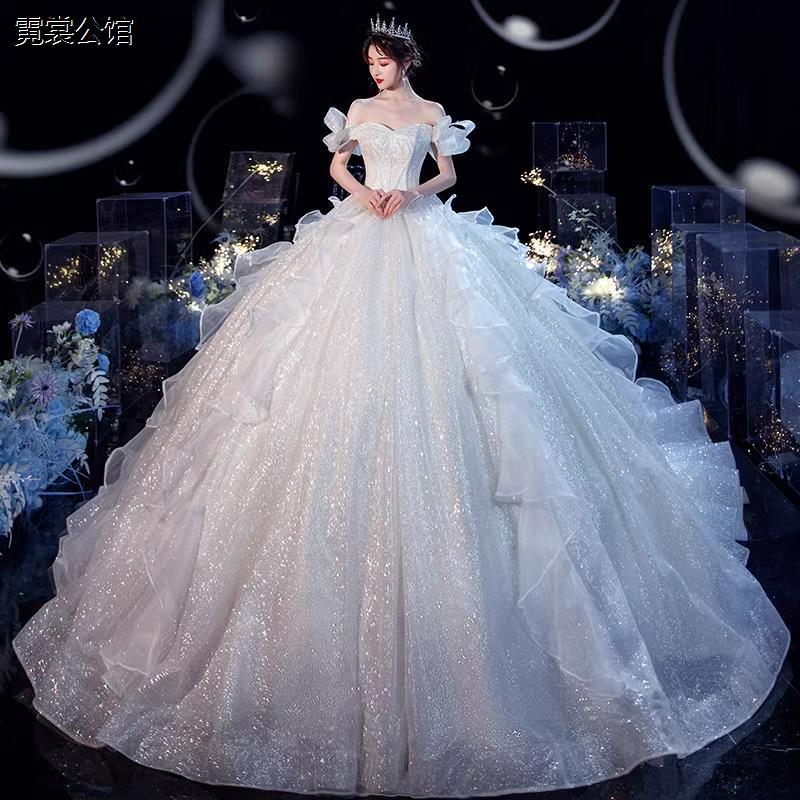 大拖尾主婚纱一字肩新款新娘高级