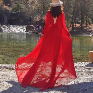 超仙时尚 沙滩沙漠旅游度假真丝桑蚕丝连衣裙超长大摆V领露背长裙