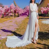 超仙时尚 旅游拍照三亚青海湖沙滩裙海边度假超长拖尾露背大摆长裙