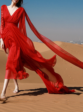 三亚青海湖沙滩沙漠旅游拍照出片超仙真丝连衣裙露背大拖尾超长裙