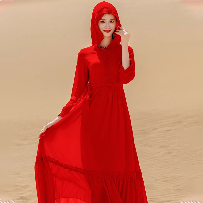 超仙沙滩沙漠旅游拍照连帽防晒真丝桑蚕丝连衣裙蕾丝拼接大摆长裙