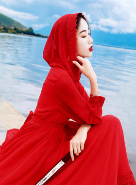 沙滩沙漠新疆旅游拍照真丝桑蚕丝连衣裙超仙时尚连帽防晒大摆长裙